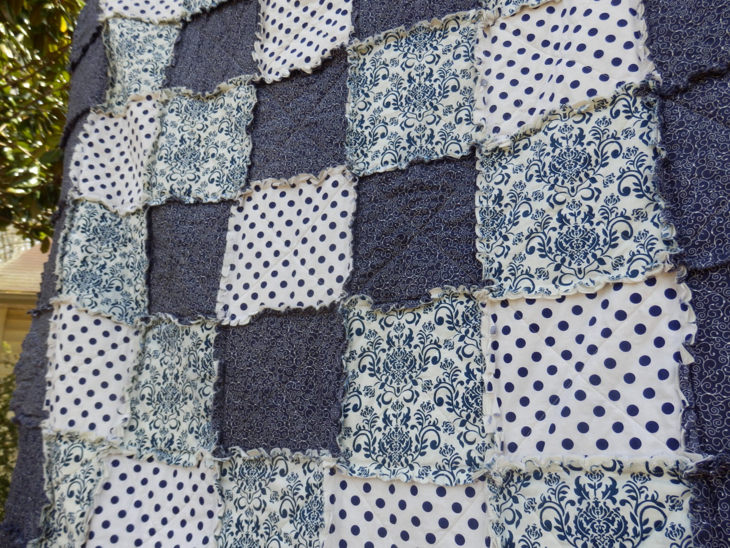 Navy Blue Damask Rag Quilt Throw Size READY by KristinsCountryHome