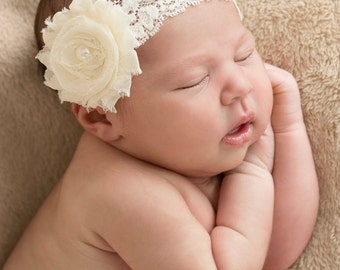 Ivory baby headband, infant headband, baby headband, ivory shabby flower with pearl on elastic lace headband, QUICK ship