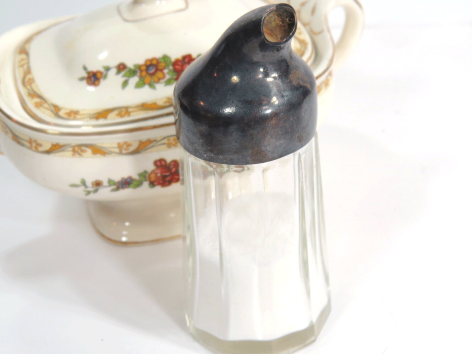 Sugar Shaker with Pouring Spout Clear Pressed Glass with Silverplate