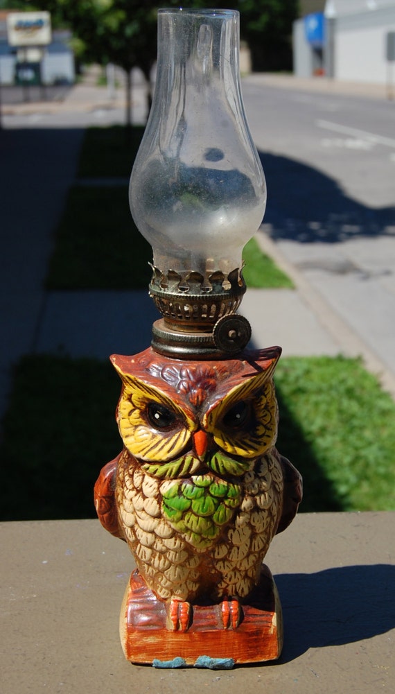 Vintage midcentury miniature plaster Owl oil lamp. by hazelhome