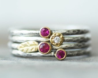 Ruby and Diamond Leaf Stacking Rings Set - Set of 4 18k Gold and Silver Stack Rings