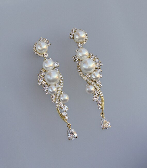 Gold Bridal Earrings Crystal & Pearl Gold Bridal Earrings