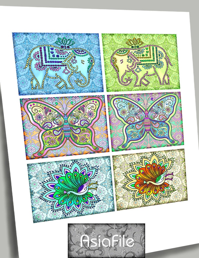 Printable Digital ACEO Size Cards Indian Design Elephants