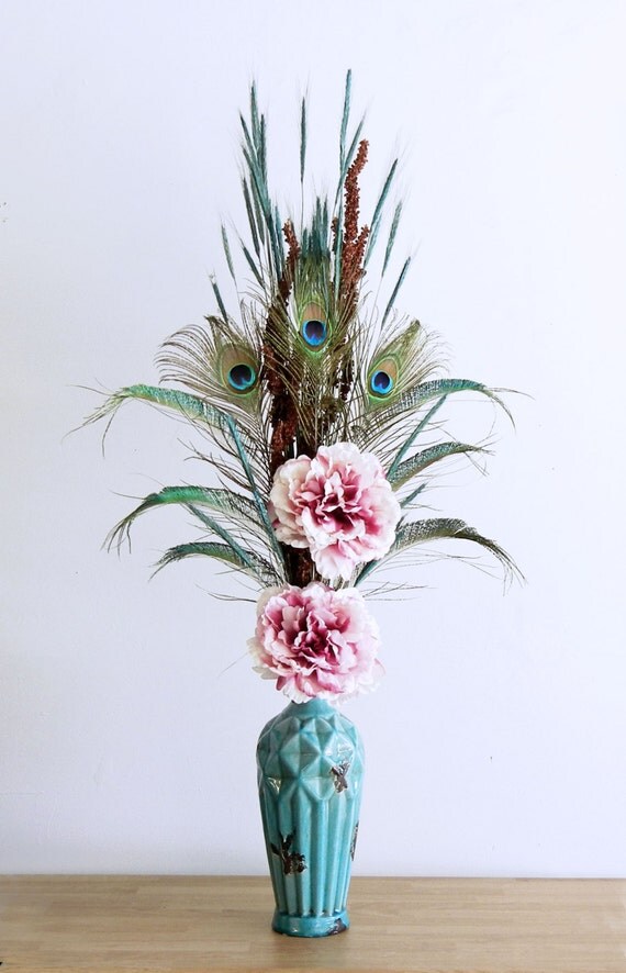New Tall Earthy Peacock Feather Flower Arrangement in Turquoise Vase