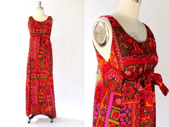  1960s Barkcloth Kaftan Lounge Dress 60s Vintage by 