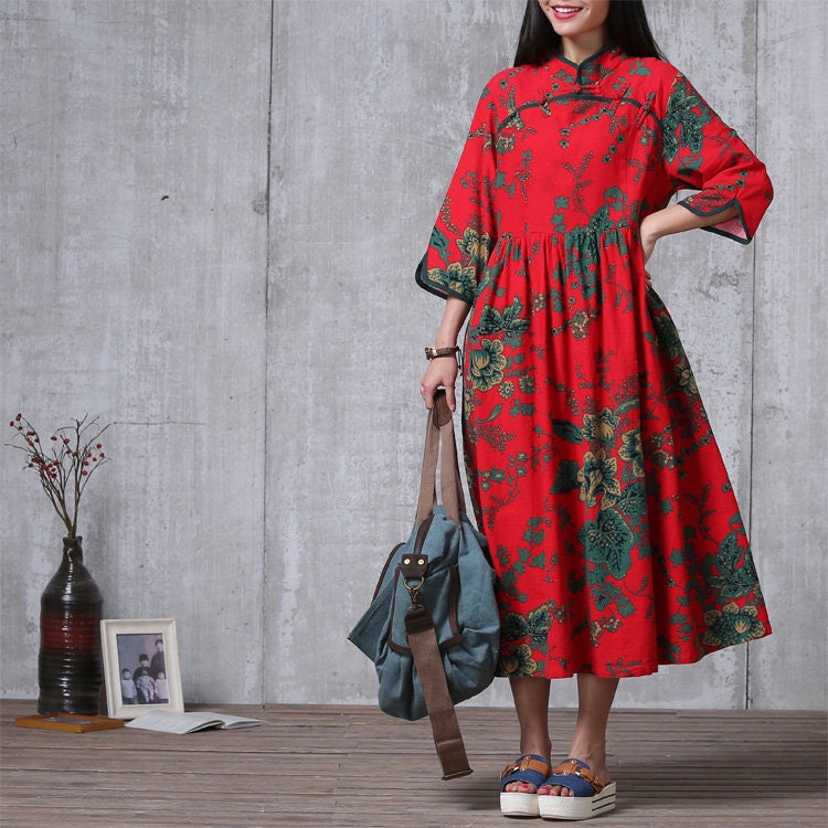 Casual Loose Fitting Cotton Long Dress Red Women Maxi