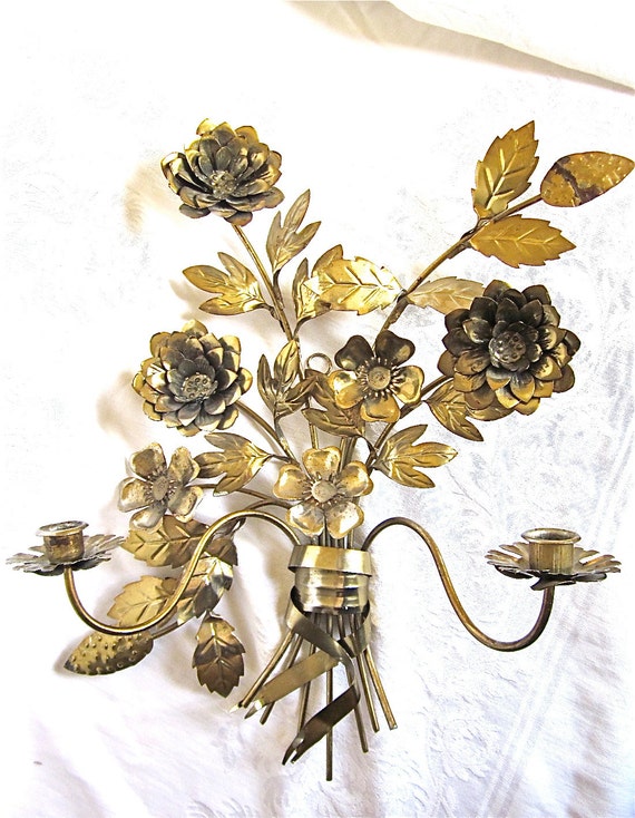 Gold Flower Sconce Vintage Metal Candleholder Hollywood