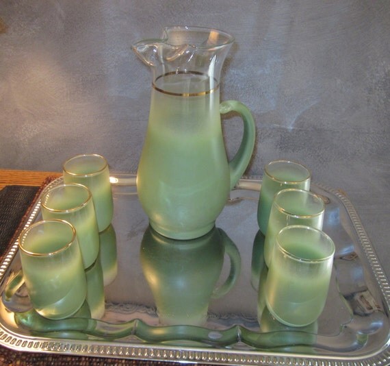 Vintage Blendo Pitcher And 6 Juice Glasses Frosted Avocado 7877