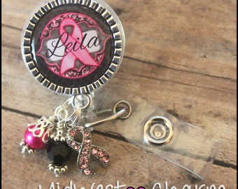 breast cancer awareness ribbon badge reel...Personalized retractable badge reel teacher nurse..id badge...nursing..monogrammed badge holder