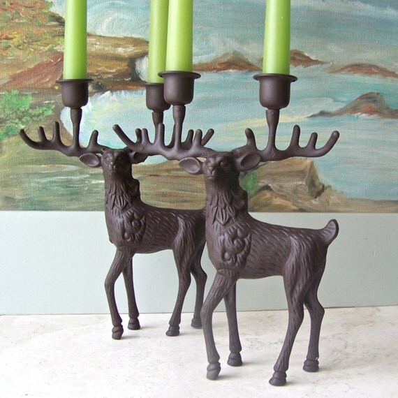 Vintage Bronze Stag Candlestick Holders Reindeer by cynthiasattic