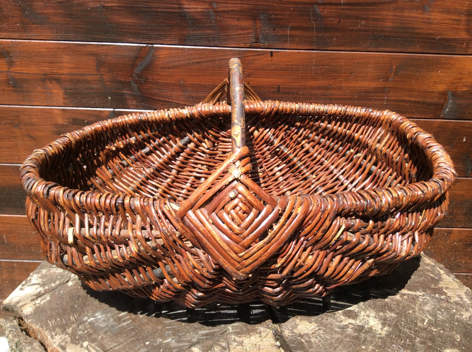 Vintage French large apple fruit picking harvesting wicker wood basket