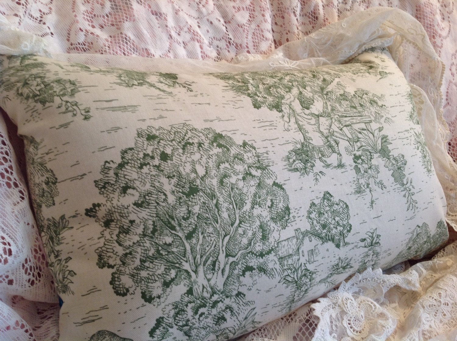 Green Toile pillow cover with romantic scene