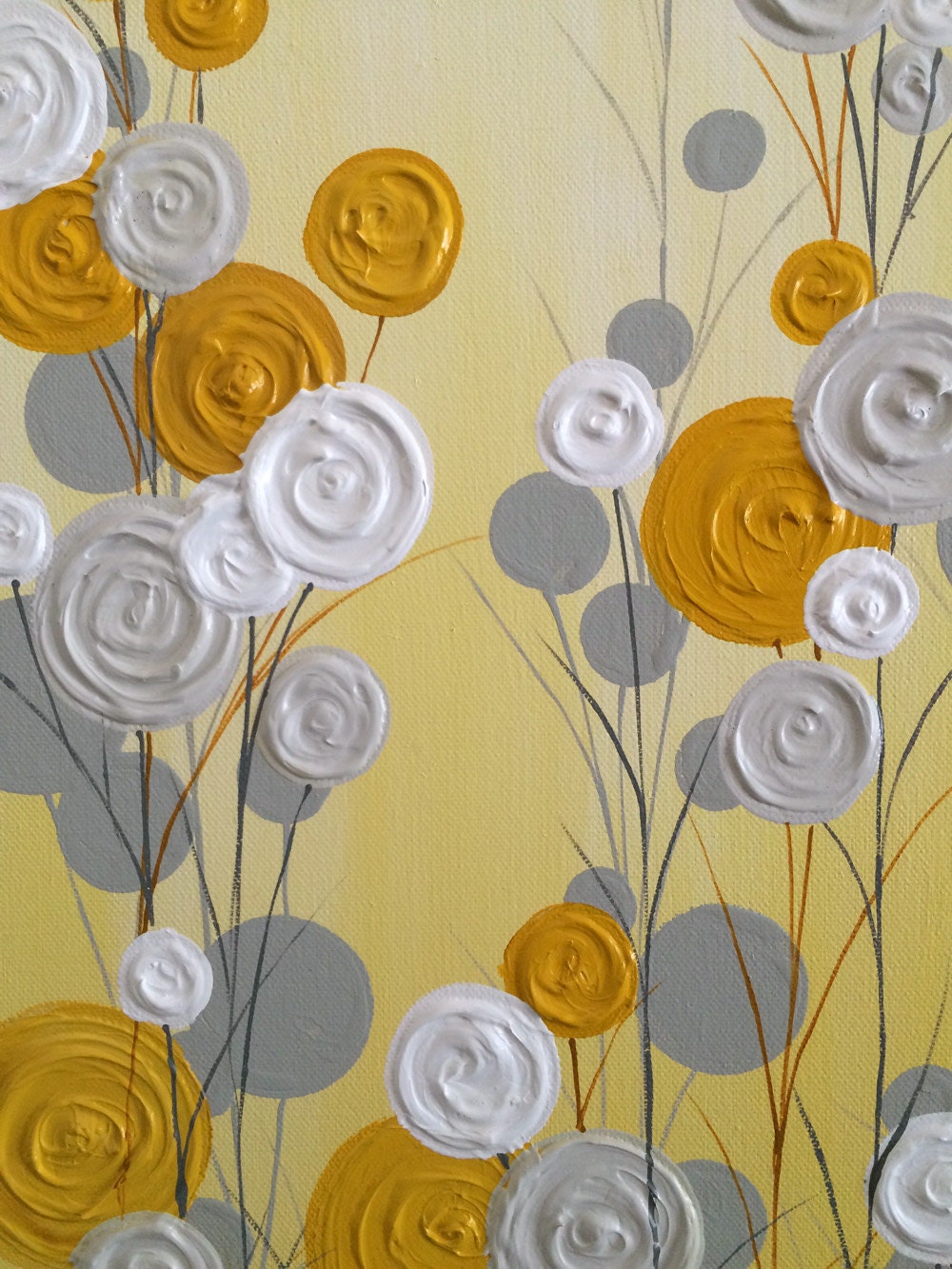 Mustard Yellow and Gray Abstract Flower Art Textured Acrylic