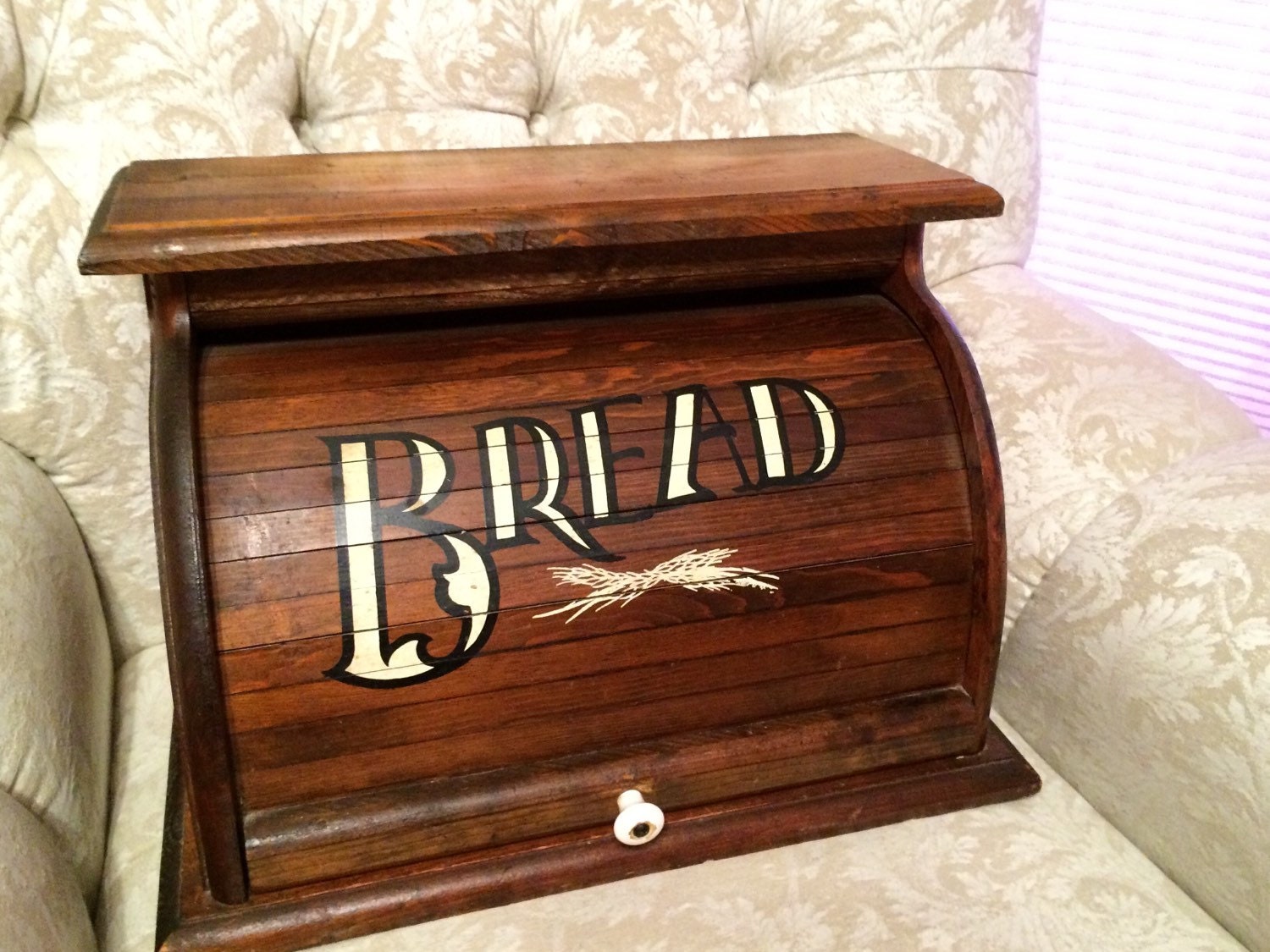 WEEK SALE Knock On Wood Bread Box With Wheat Design Under Bold