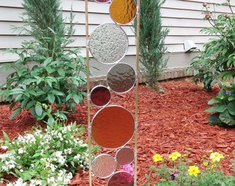 Stained glass garden art stake amber grape taupe gray modern outdoor yard decoration