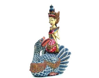 Vintage Dewi Sri Statue on Swan Bali Folk Art Zen Goddess Balinese Wood Carving Sculpture Colorful Tribal Home Decor