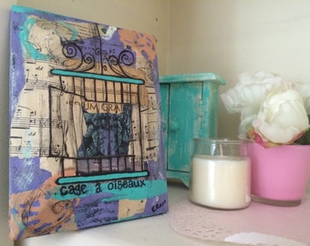 Music book painting Bird cage art mixed media collage on upcycled wood French illustration