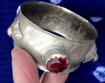 Berber Silver Bracelet with Red Glass & Knobs, Moroccan Sahara