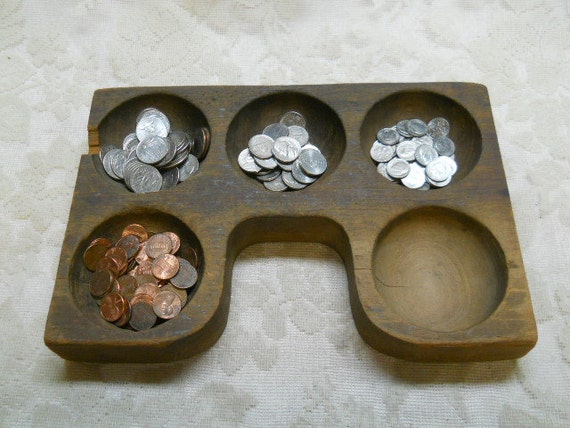 Antique Primitive Wood Coin Sorting Tray Holder w/5 Sections