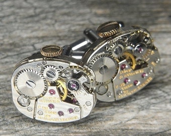 STEAMPUNK Cufflinks Cuff Links - Torch SOLDERED - Vintage Silver BENRUS Watch Movements w Original Crowns - Wedding, Birthday Gift
