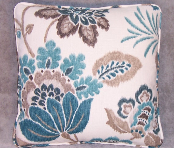 Teal and Brown Linen Floral Throw Pillow 17