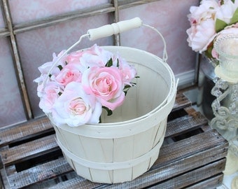 White Flower Girl Basket Rustic Wedding Flower Girl Basket Wood Flower Basket Rustic Chic Wedding Quick Ship