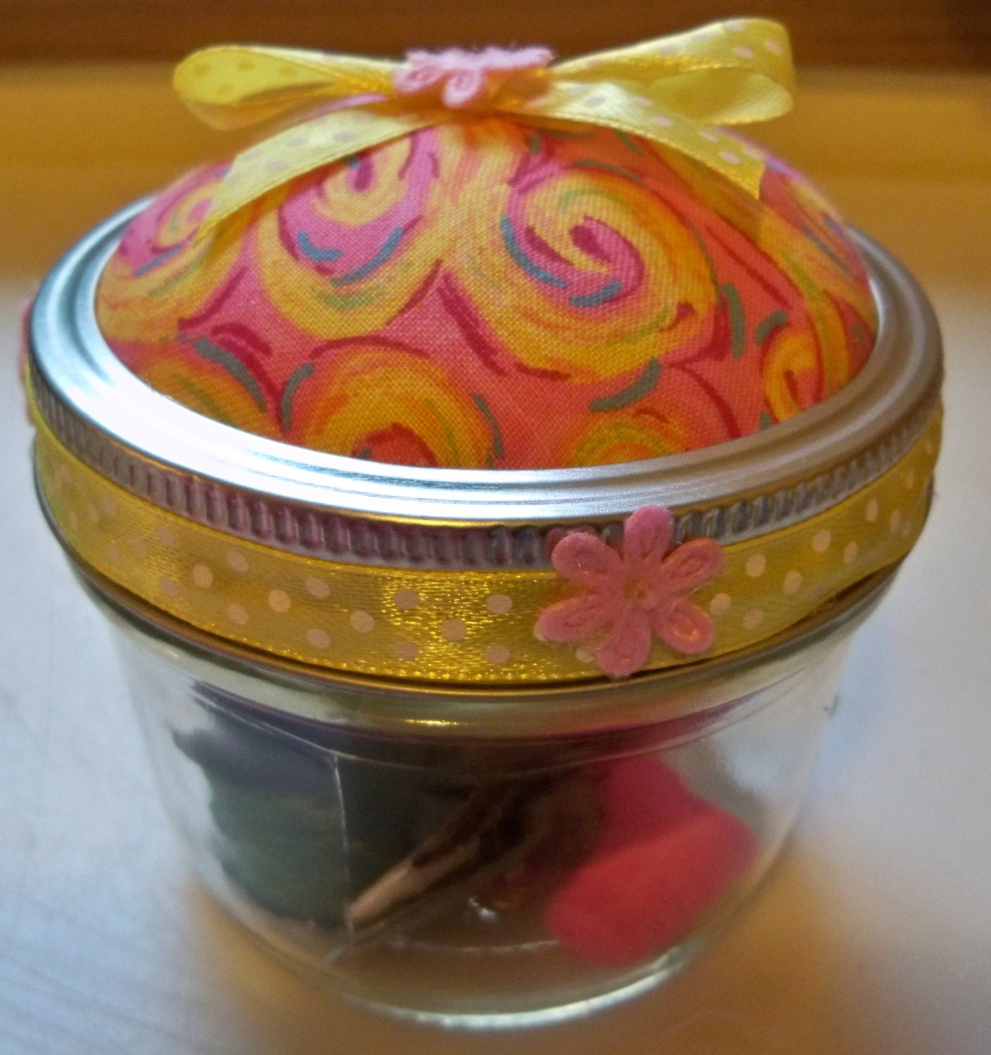 Mason Jar Pin Cushion Sewing KitPink & Yellow Swirls