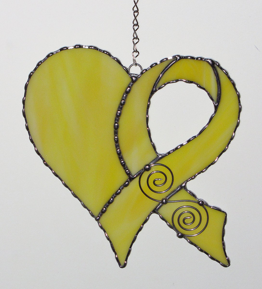 Stained Glass Suncatcher Awareness Ribbon with Heart Cancer