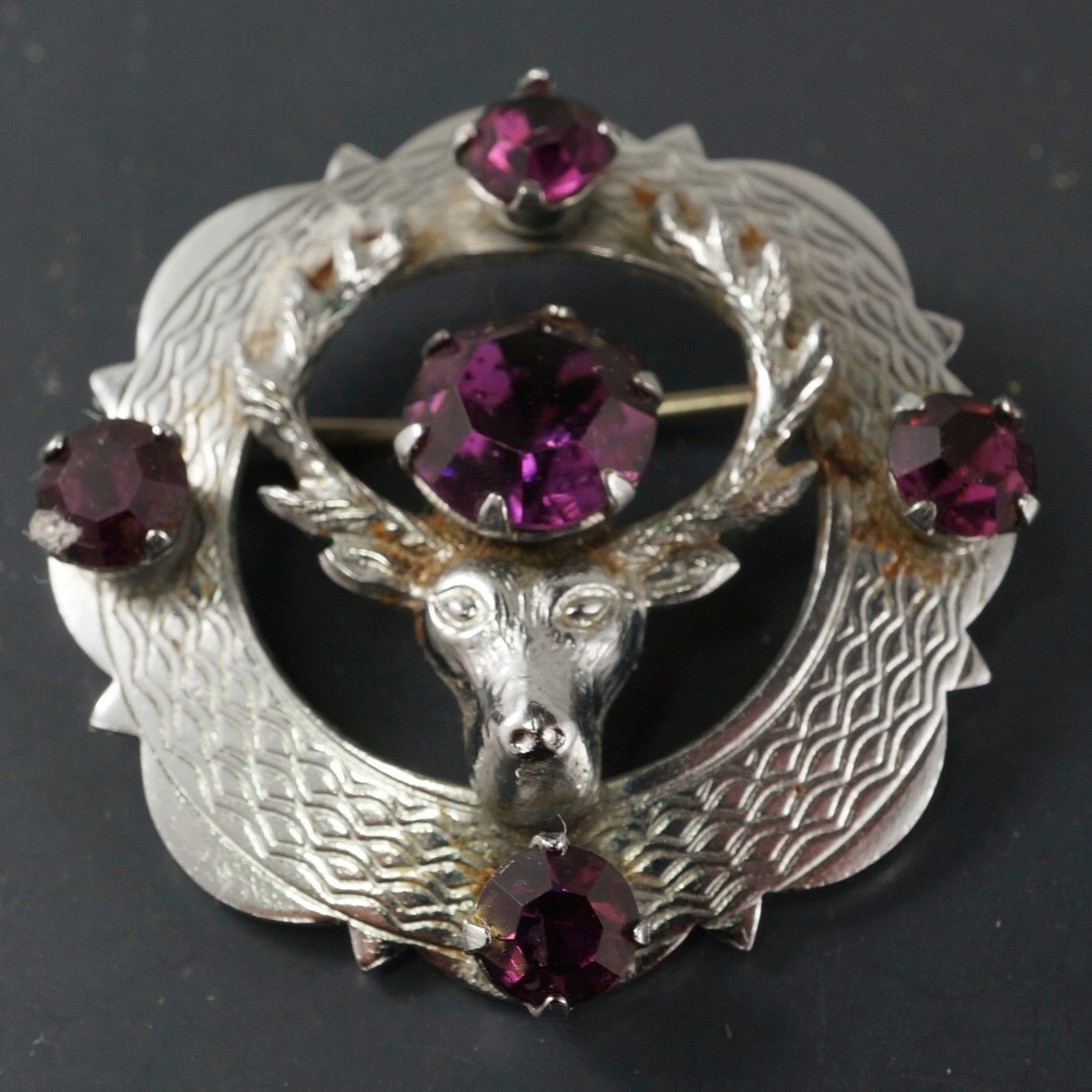 SCOTTISH brooch pin. deer stag . sash. large silver amethyst.