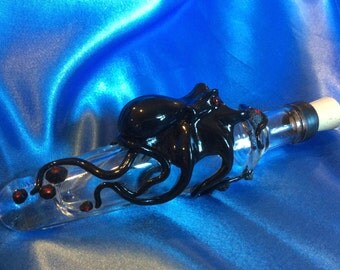 The Blackened Kraken Flask: OOAK, Vintage Flask, Octopus Sculpture, with Swarovski crystal encrusted barnacles, by Elstwhen.