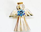 vintage silver and gold angel brooch with blue rose~ retro antique silver angel brooch pin