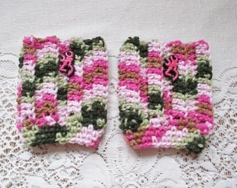 READY TO SHIP - Child Size - Pink Camo Colored with Browning Deer Head Button Crochet Boot Cuffs