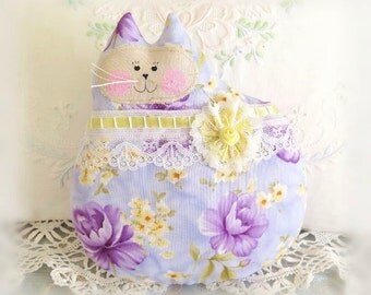 Cat Pillow Doll Cloth Doll 7 inch Cat, French Blue Lavender Yellow, Primitive Soft Sculpture Handmade CharlotteStyle Decorative Folk Art