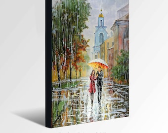 Oil Painting GICLEE Print Canvas Fine Art Print of ORIGINAL OIL Painting Landscape Painting Umbrellas Painting Rain Cityscape Painting