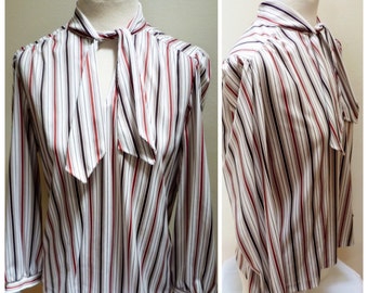 Vintage 1970s Brown & White Striped Blouse- L