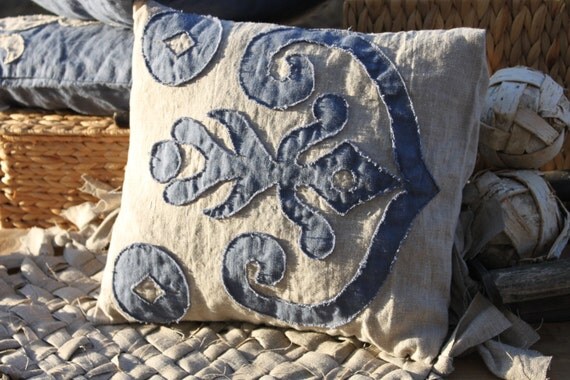 Linen Appliqued Pillow Case. Decorative Small Pillow Ikat