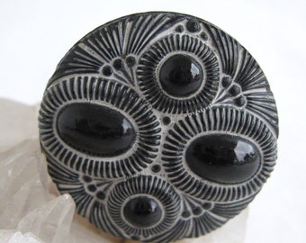 Victorian Hat Pin Embossed Black Glass Button Edwardian Large Stick Pin