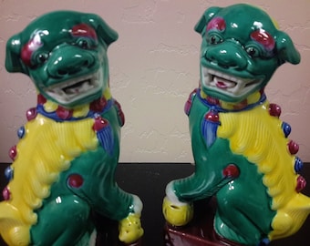 Vintage Guardian Foo Dog Famille Verte Foo Lion Pair Chinese Asian Decor Bookends