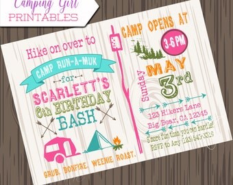 Girl Camping Birthday Invitation, DIY, Printable camp birthday invite, Camping invitation, girl camping invite