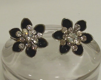 Coro Black Enamel and Rhinestone Flower Earrings