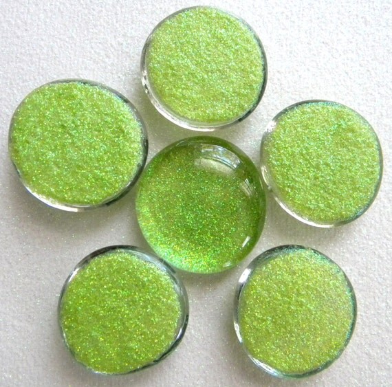 6 LARGE Flat Glass LIME Green GLITTER Gems Half Marbles