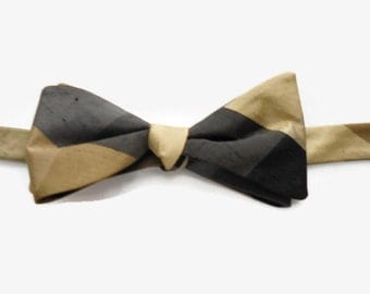 Silk Taffeta Bow Tie Gold Brown Black Plaid Adjustable