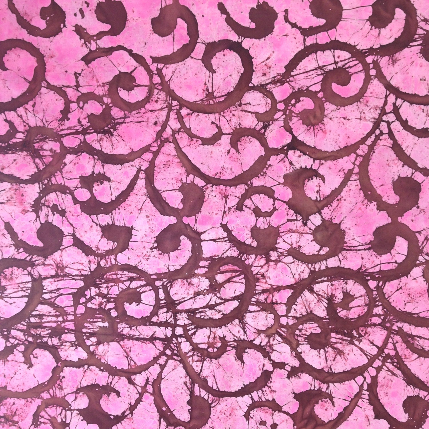 Brown and Pink Batik Fabric by the yard , 100 Cotton / Pink with Brown