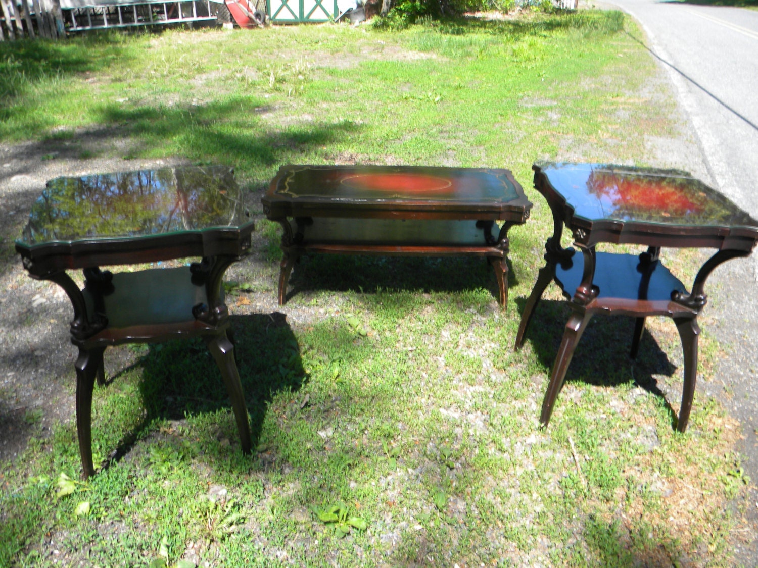 2 matching vintage 1940s mahogany LEATHER top DRUM end TABLES