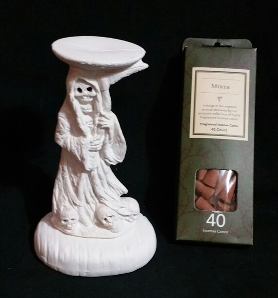 Novelty Ceramic Bisque Grim Reaper /Skull Incense Cone Burner