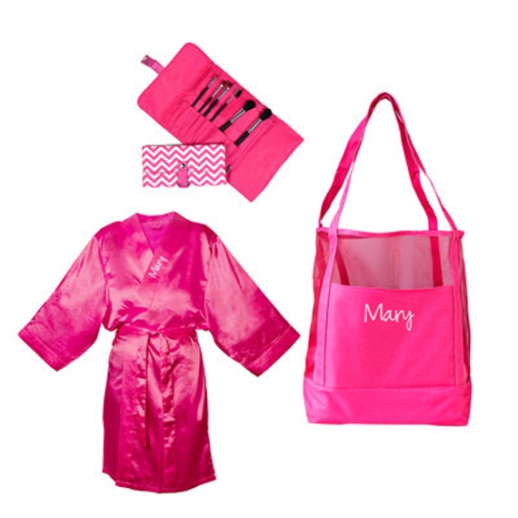 Personalized Spa Tote Bag Robe Gift Set Make Up Brush Chevron Roll ...