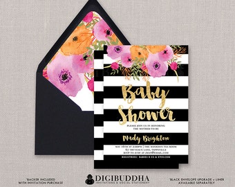 Baby Shower Invitation Girl Baby Shower Invite Black White Stripe Invitation Gold Glitter Printed or Printable Baby Shower Invitation - Mady