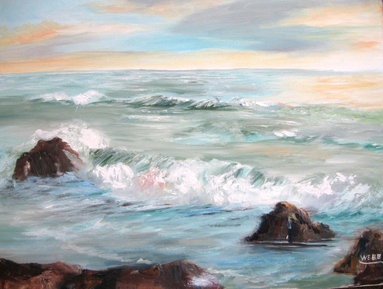 Vintage Seascape Oil Painting Ocean Waves Rocks artist signed