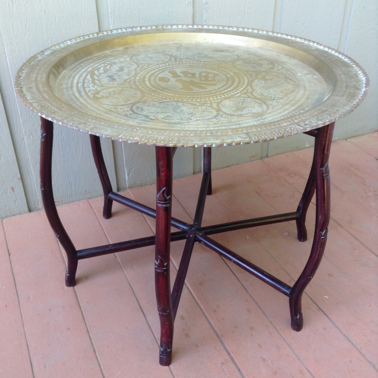 Vintage Asian etched brass tray table with folding by goodkarmakc