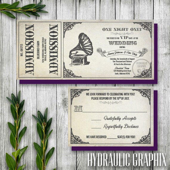 Vintage Gramophone Wedding Ticket Invitation and RSVP, Steampunk Wedding Invitation, Printable Ticket Invitation, Antique Theme Il_570xn